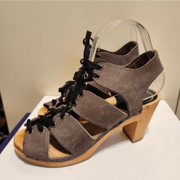 No. 6 Taupe Nubuck Leather Lace Up Corset Open Toe Wood Clogs Sz.6/36  Ret.$260 - Picture 10 of 13